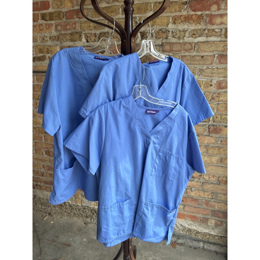 Sivvan Scrub Tops Lot of Ceil 3 Blue V-Neck Medical Uniform Short Sleeve Large